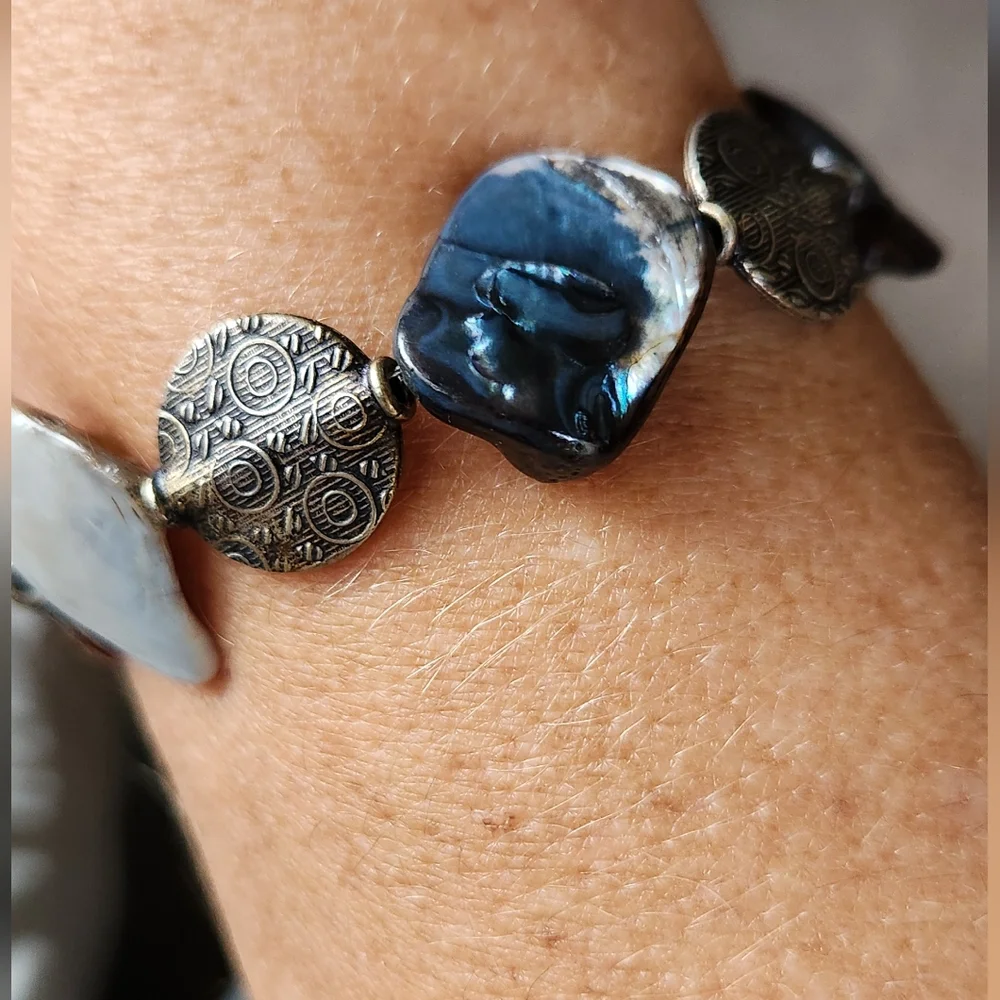 Handmade Oyster Shell & Embossed Spheres Bracelet  Size 7-8